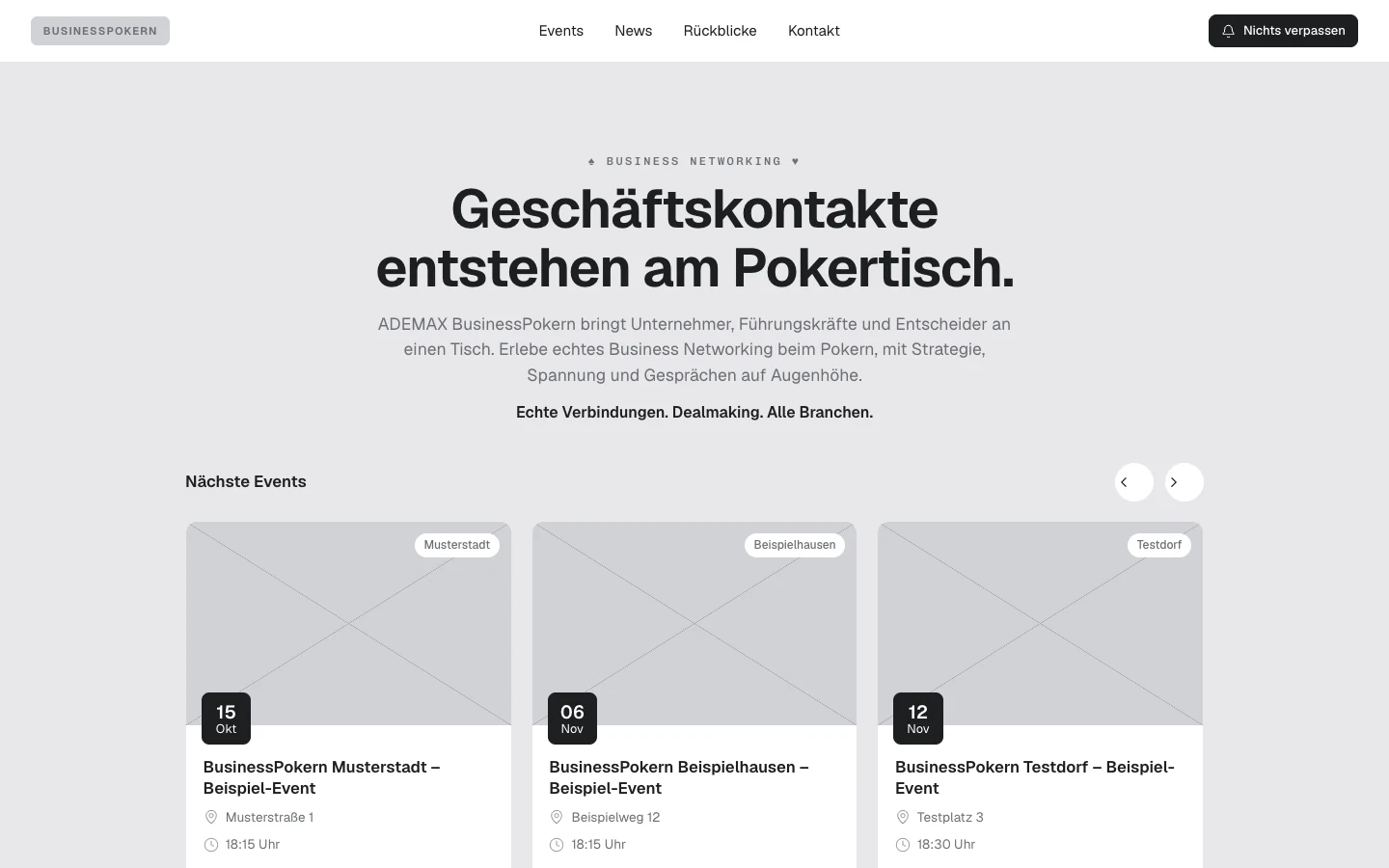 Klickdummy der BusinessPokern Webseite in Graustufen: Startseite mit den nächsten Events