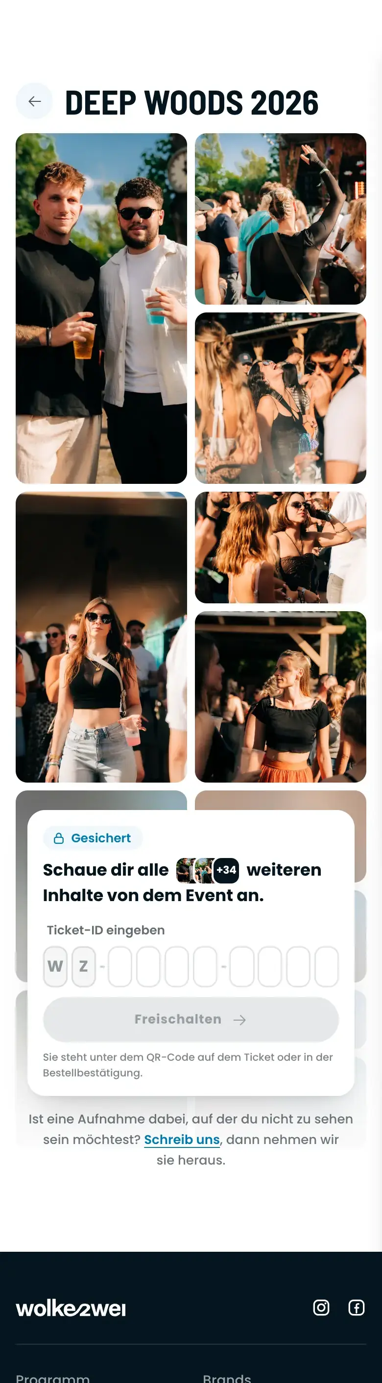 Galerie eines Events: die öffentlichen Fotos, darunter die gesicherten, die nach Eingabe der Ticket-ID erscheinen