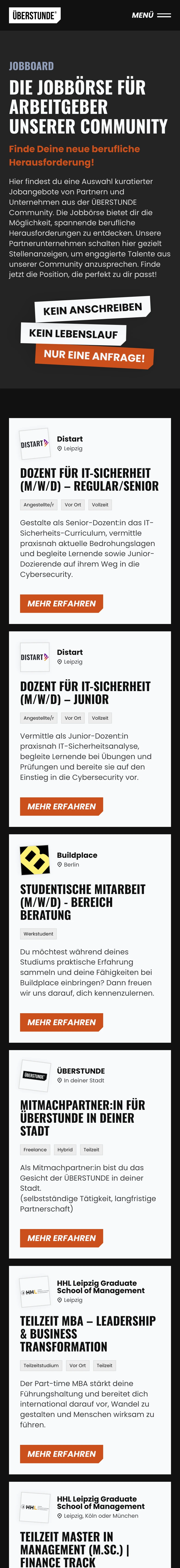 Jobboard der ÜBERSTUNDE: die Stelle Teilzeit MBA der HHL Leipzig Graduate School of Management, darin die Ansprechpartnerin mit ihrem Memberprofil, das Unternehmensprofil der HHL und ihre Ansprechpartner