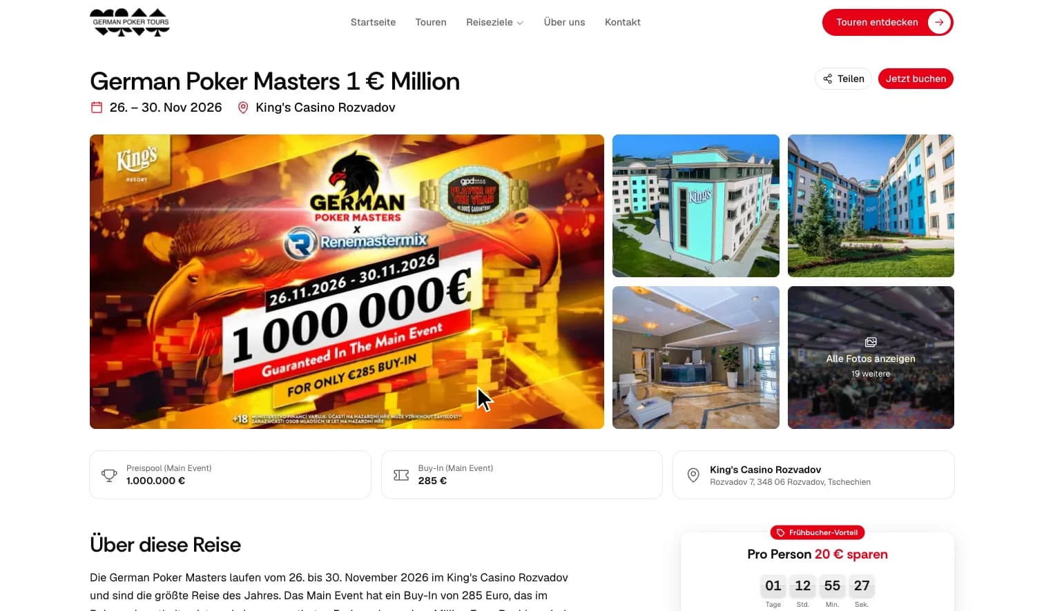 Reiseseite der German Poker Masters auf dem MacBook: Bilder, Über diese Reise, Unterkunft und Preise, im Preis enthalten und der Turnierplan, daneben die Buchungskarte mit Frühbucher-Vorteil