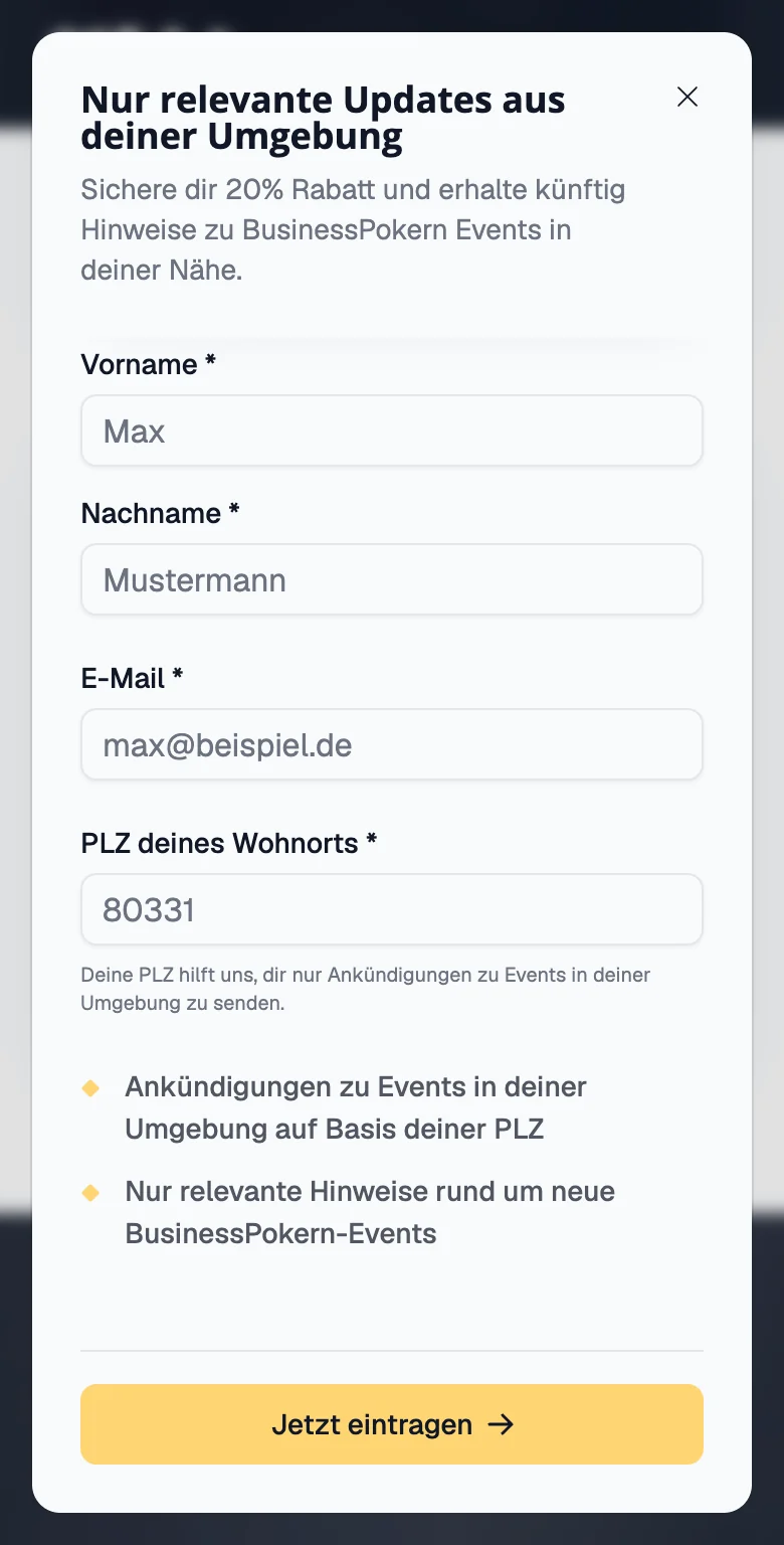 Eintragung für regionale Updates von BusinessPokern auf dem iPhone: Vorname, Nachname, E-Mail und PLZ des Wohnorts, dafür 20 % Rabatt
