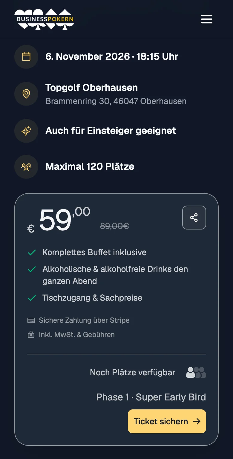 Eventseite von BusinessPokern bei Topgolf Oberhausen auf dem iPhone: Datum, Location, 59 € statt 89 € in Phase 1 Super Early Bird, Zahlung über Stripe und der Button Ticket sichern