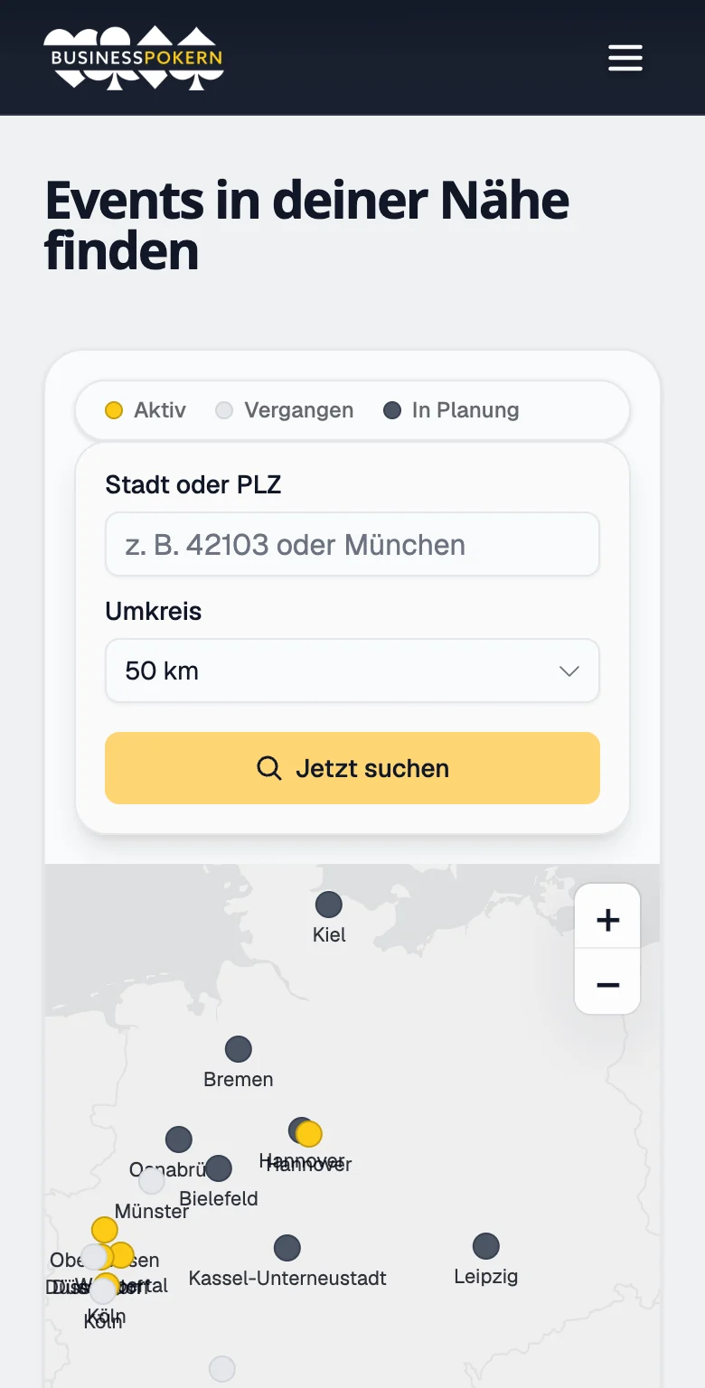 Eventsuche von BusinessPokern auf dem iPhone: Stadt oder PLZ mit Umkreis, darunter die Karte mit aktiven, vergangenen und geplanten Standorten von Kiel bis München