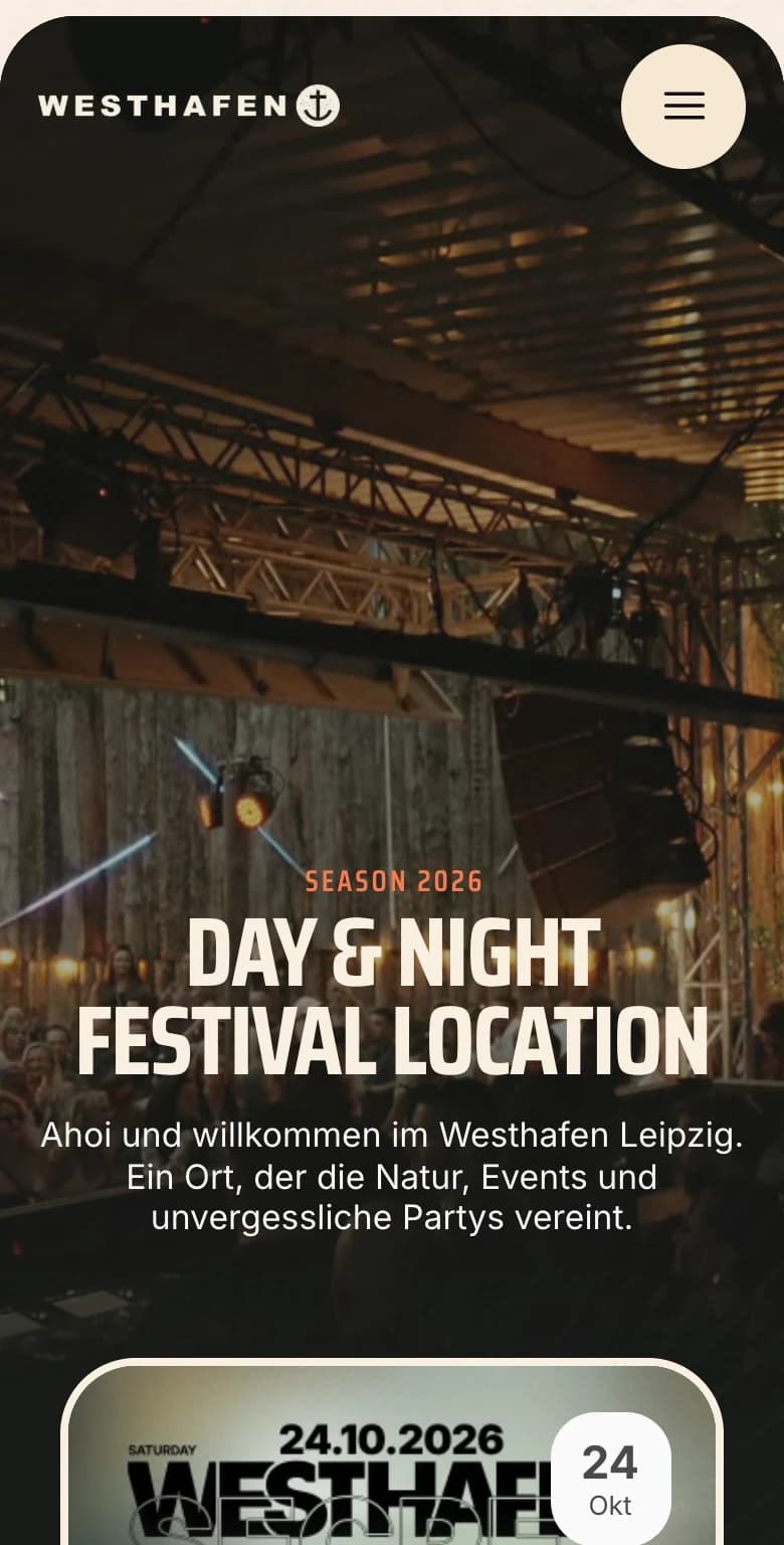 Startseite des Westhafen auf dem iPhone: Day & Night Festival Location, beliebte Events, Season Ticket, Headliner und die Areas