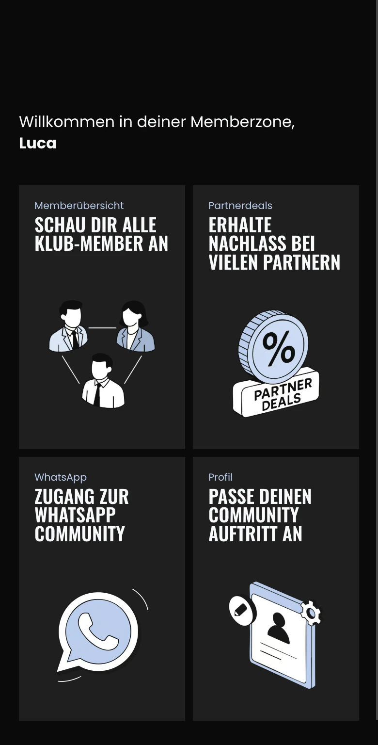 Memberzone der ÜBERSTUNDE: die Memberübersicht, gefiltert nach Leipzig und IT & Digitalisierung, darin das Profil von Luca Heck mit Beruf, Branche, Klub-Standort, Beschreibung und Kontaktangaben
