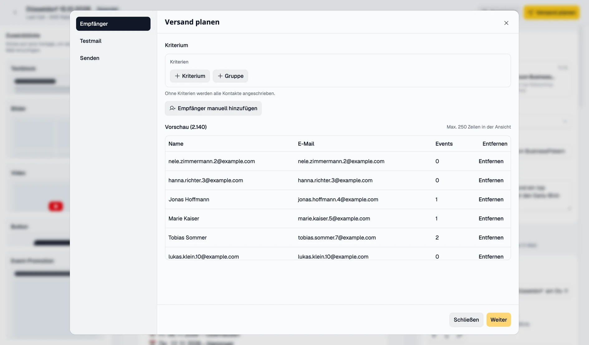 Newsletter-Versand im Dashboard von BusinessPokern auf dem MacBook: ohne Kriterium gehen die Mails an alle Kontakte, mit PLZ und Umkreis nur an die Kontakte rund um Düsseldorf (Beispielzahlen)
