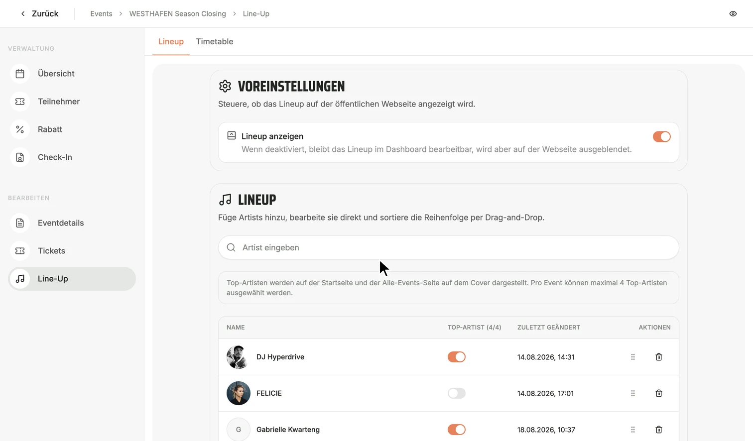 Line-up eines Events im Westhafen OS auf dem MacBook: ein Artist wird gesucht, darunter das Line-up mit den Top-Artists