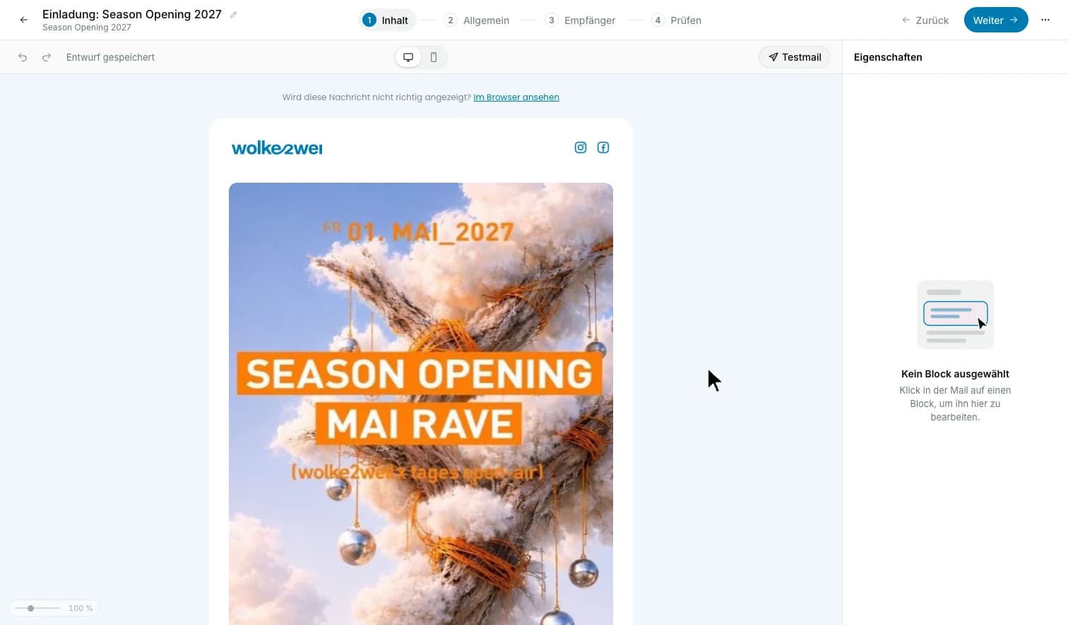 Newsletter-Editor im Dashboard: in die Einladung zum Season Opening wird der Block mit den nächsten Terminen eingefügt, dann folgen die Schritte Allgemein, Empfänger und Prüfen