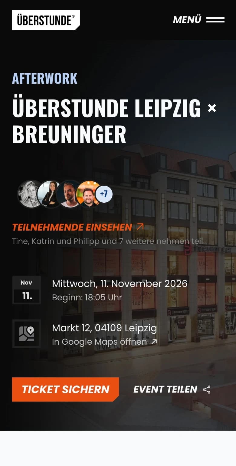 Eventseite der ÜBERSTUNDE Leipzig × Breuninger auf dem iPhone: Ticket sichern, Teilnahme anfragen, das Formular mit Name, E-Mail, Position, Unternehmen und Branche ausgefüllt und abgeschickt