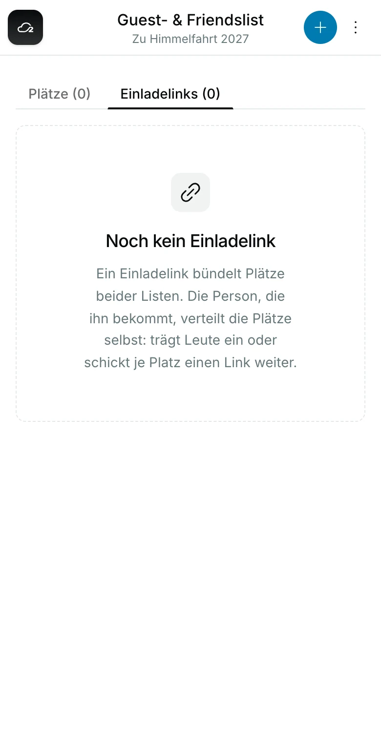 Guest- & Friendslist: im Dashboard ein Einladelink mit drei Plätzen auf der Gästeliste und fünf auf der Friendslist, auf der Webseite der Platz-Link und das Ticket des Gasts