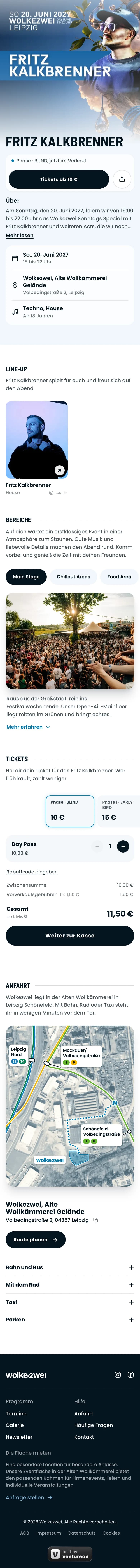 Eventseite von Fritz Kalkbrenner bei Wolkezwei: Plakat mit „Tickets ab 10 €“, Line-up, Bereiche, der Ticketbereich mit den Preisphasen zum Wischen und die Anfahrt