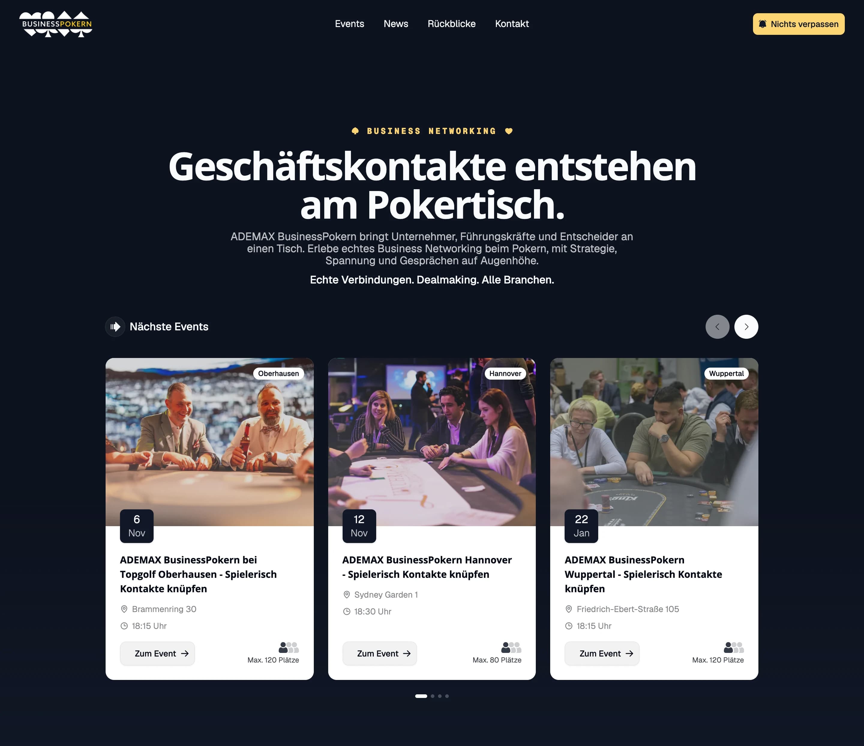 Startseite von BusinessPokern: Geschäftskontakte entstehen am Pokertisch, darunter die nächsten Events
