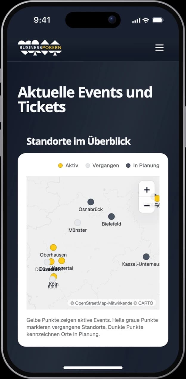 iPhone mit der Startseite von BusinessPokern: die Karte der Standorte, herangezoomt auf die Städte an Rhein und Ruhr