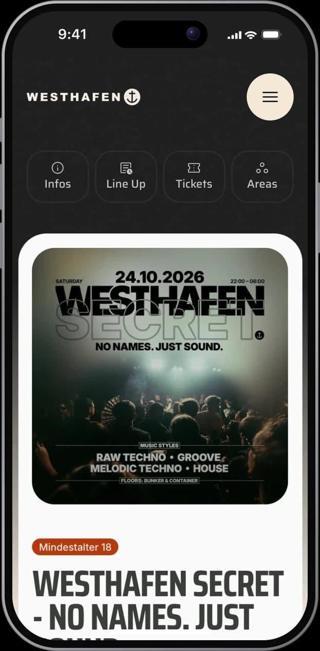 iPhone mit der Eventseite „Westhafen Secret – No Names. Just Sound.“: Reiter Infos, Line Up, Tickets und Areas, Plakat, Mindestalter und Titel