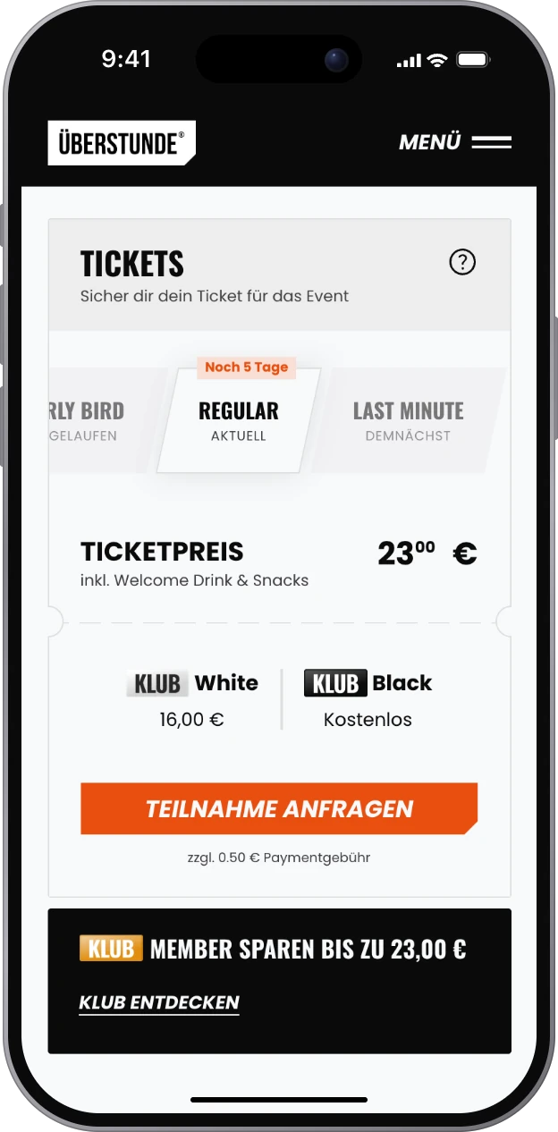 iPhone mit den Tickets eines Afterwork-Events: Preisphasen, Ticketpreis und KLUB-Preise