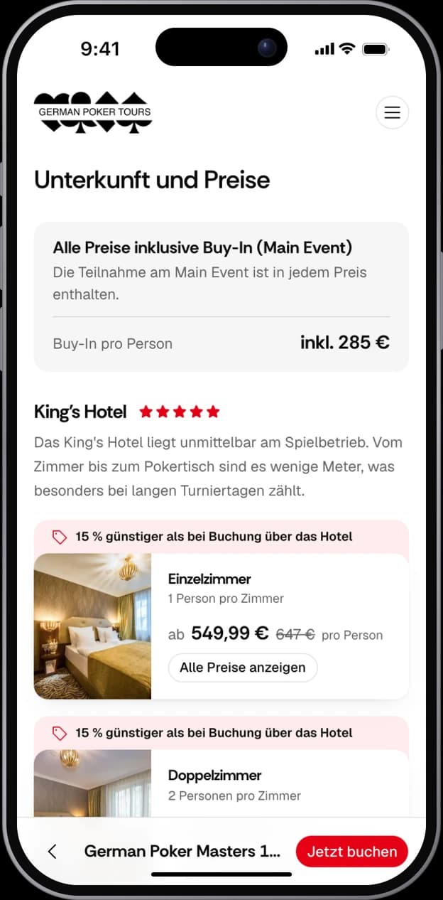 iPhone mit der Reiseseite der German Poker Masters bei „Unterkunft und Preise“: Buy-In im Preis, das King’s Hotel und seine Zimmer mit Preisen