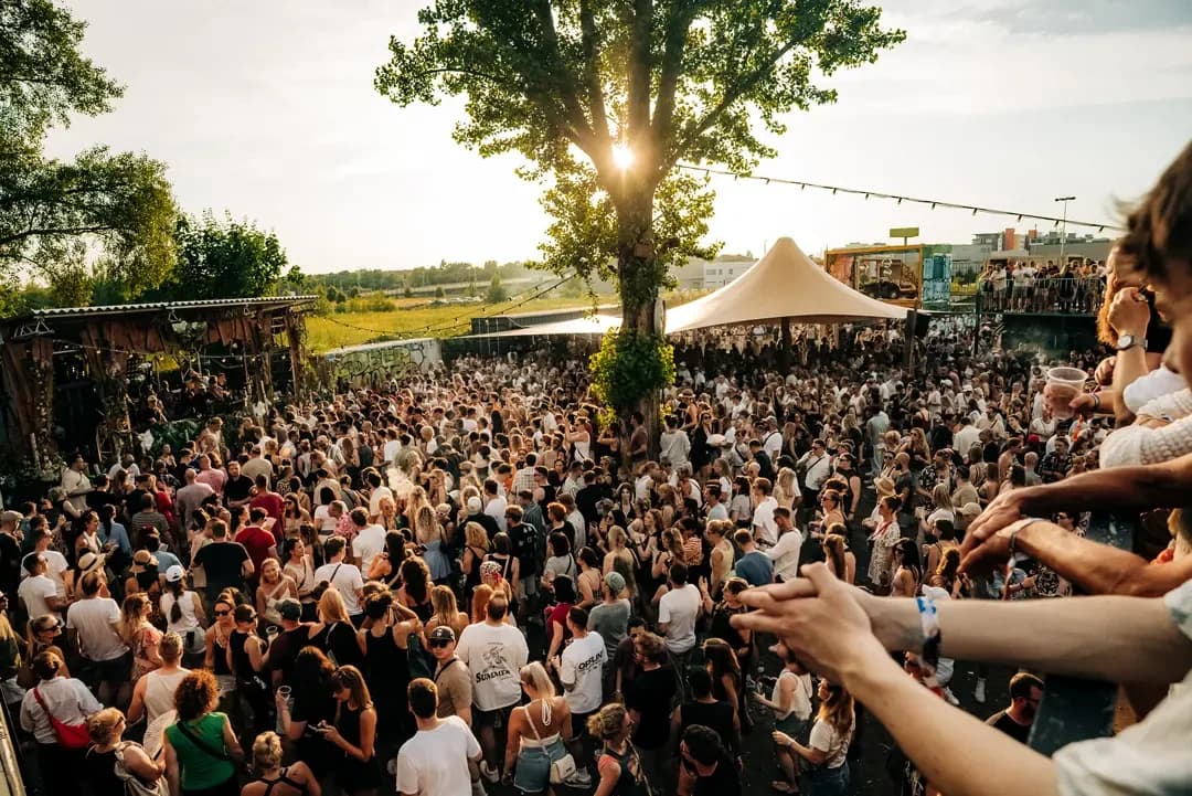 Publikum bei Wolkezwei am Tag, Abendsonne hinter dem Baum über der Tanzfläche